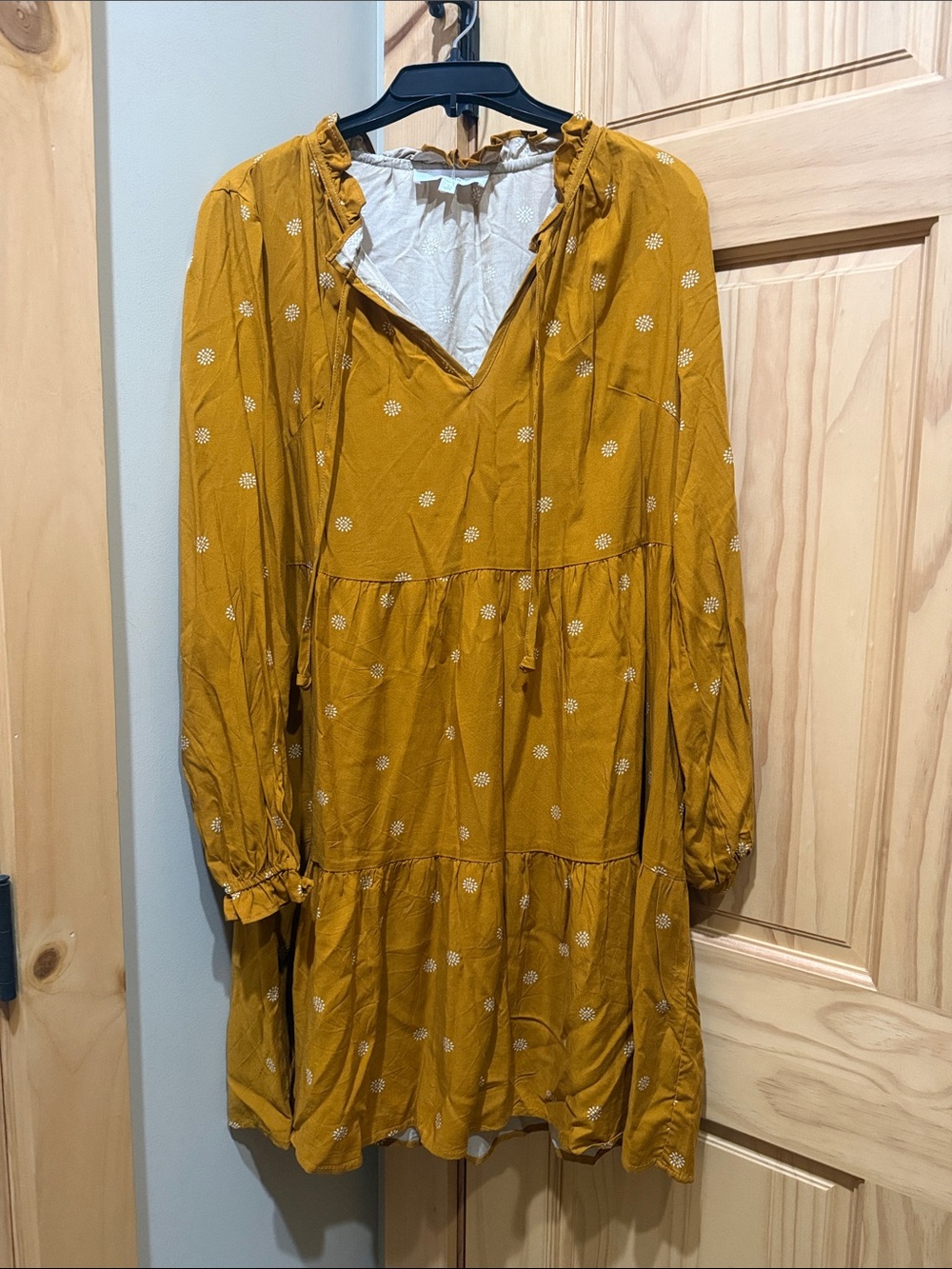 Lucky Brand Mustard Tiered Long-Sleeve Dress with White Dot Print